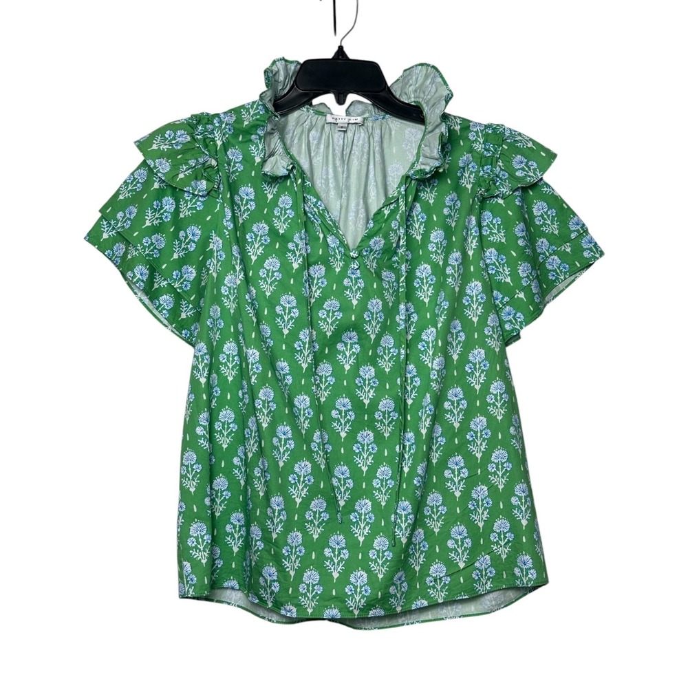 Patty Kim Women's Green Floral Print Ruffle Neck Tiered Sleeve Top Blouse Small